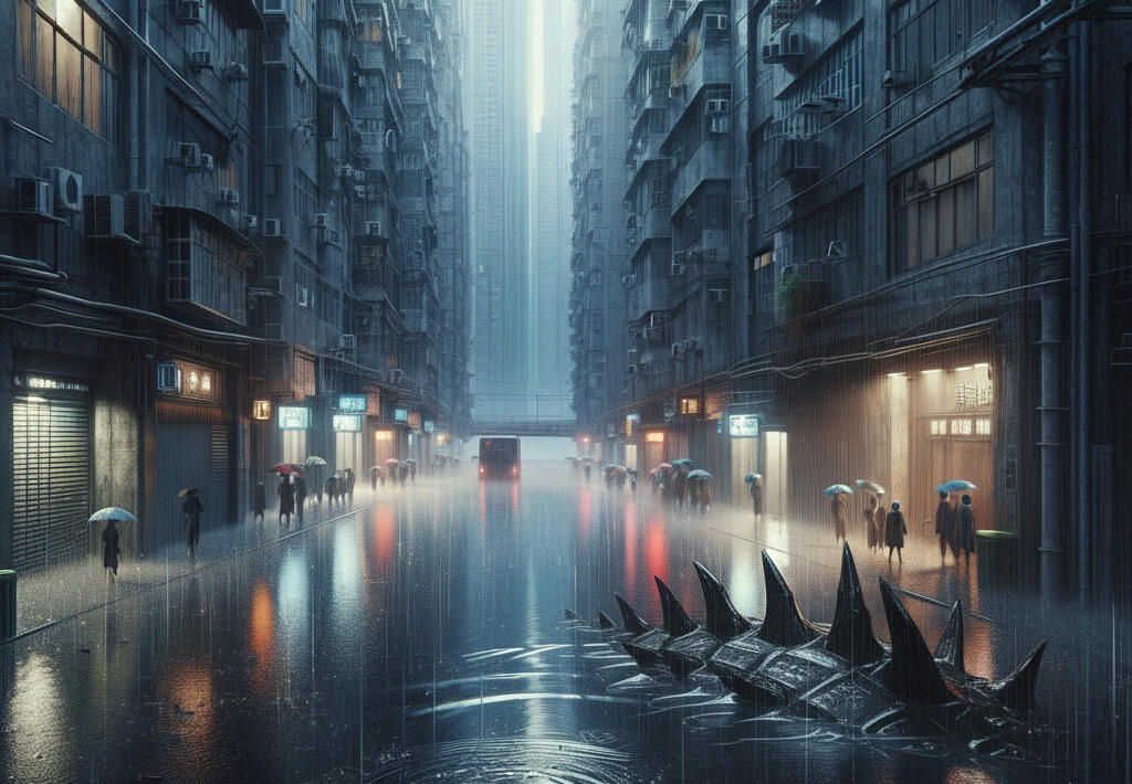 Low-angle view of a dark, rain-slicked city alley at night. A menacing, spiked tail emerges from a puddle in the foreground. Occult Punk, Ellis Arcwolf, Urban Occult Punk Manifesto, Urban Fantasy, Cyberpunk, dark city, monster, low magic, occult, punk ethos, anti-authoritarian, prose, genre fiction, speculative fiction